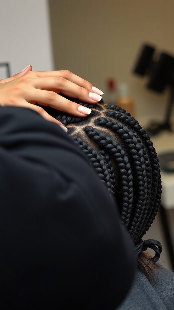 A close-up of a stylist braiding hair into knotless box braids.