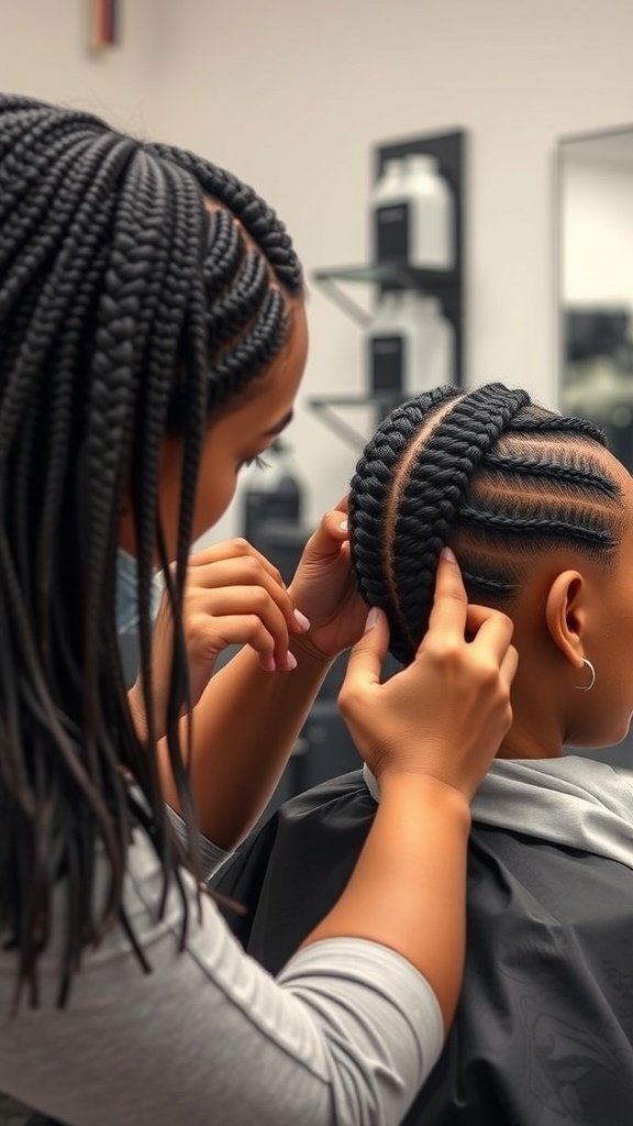 A stylist creating medium knotless box braids on a client in a salon.