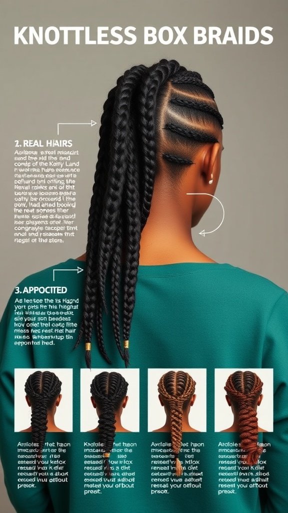 A model showcasing knotless box braids with detailed instructions on styling and maintenance.
