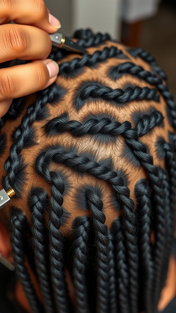 Close-up of a person's scalp with intricate parting pattern for knotless box braids.