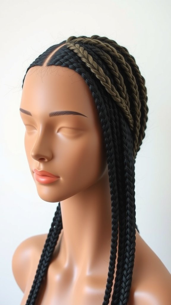 A mannequin displaying knotless box braids in a blend of black and honey blonde colors.
