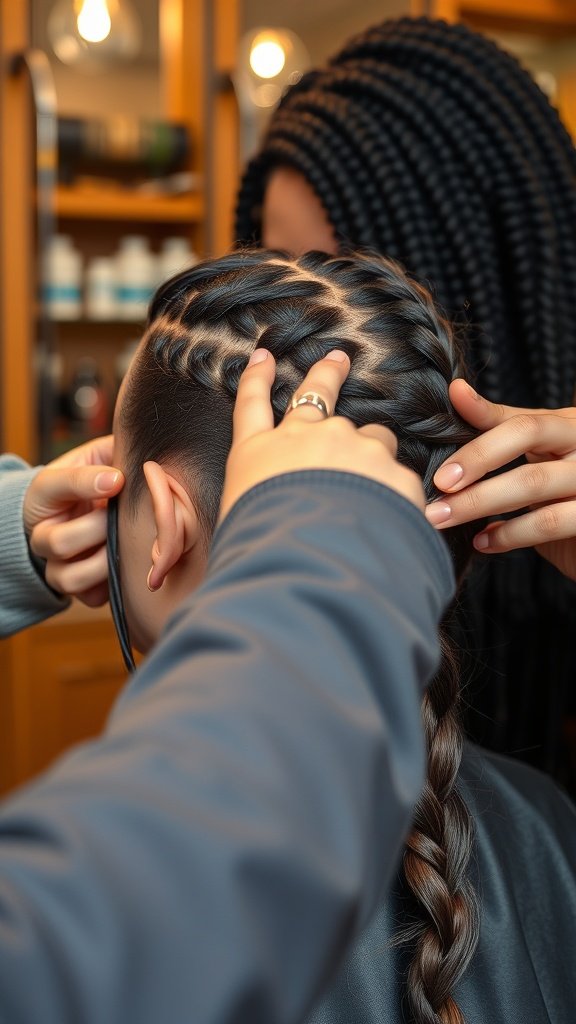 A stylist creating knotless braids on a client's hair, showcasing the intricate process.