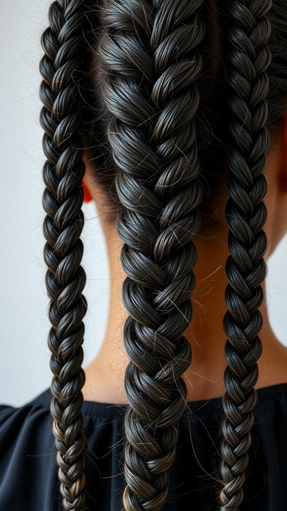 Close-up of medium boho knotless braids styled in three sections