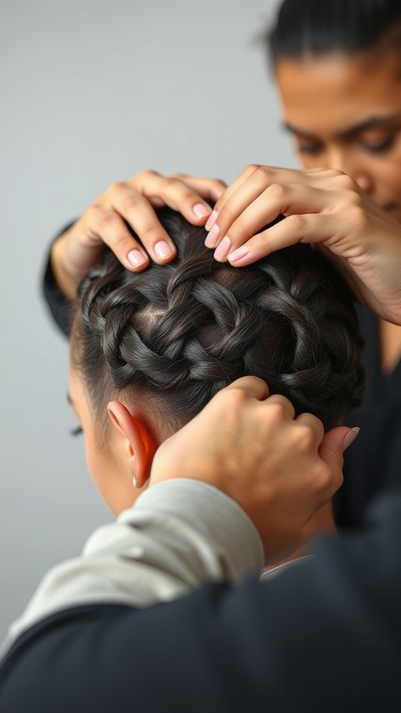 A close-up of a person getting knotless braids styled, showcasing the intricate technique.