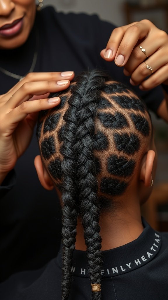 A stylist creating knotless braids on a client's hair, showcasing intricate patterns and a neat finish.