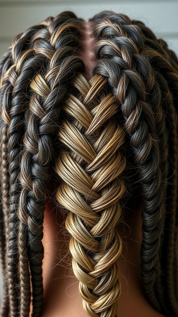 Close-up of large boho knotless braids with a mix of colors, showcasing a stylish and comfortable hairstyle.