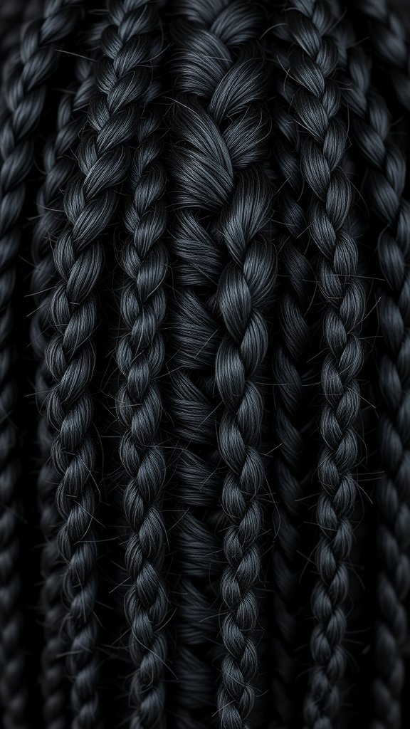 Close-up of black knotless braids, showcasing their smooth texture and intricate patterns.