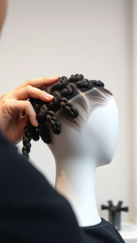 A close-up of a mannequin head with knotless braids being styled.