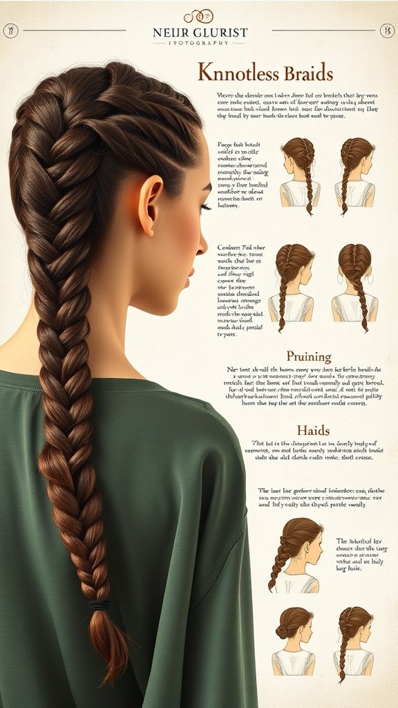 A detailed illustration of knotless braids showing various styles and techniques.