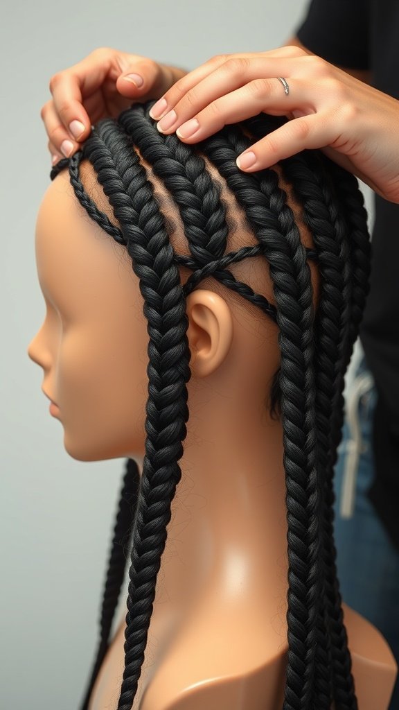 A mannequin with knotless braids being styled, showcasing the intricate process of braiding.