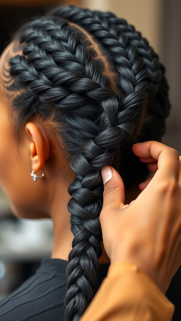 Close-up of a person getting knotless braids styled, showcasing neat and flowing braids.