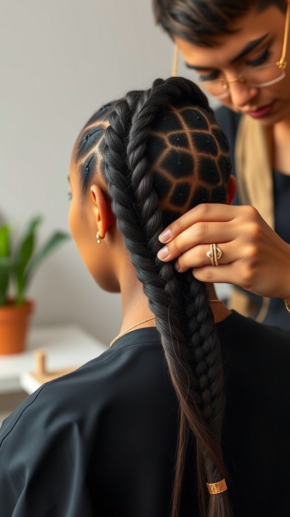 A close-up of a person getting large knotless braids styled, showcasing intricate parting patterns.