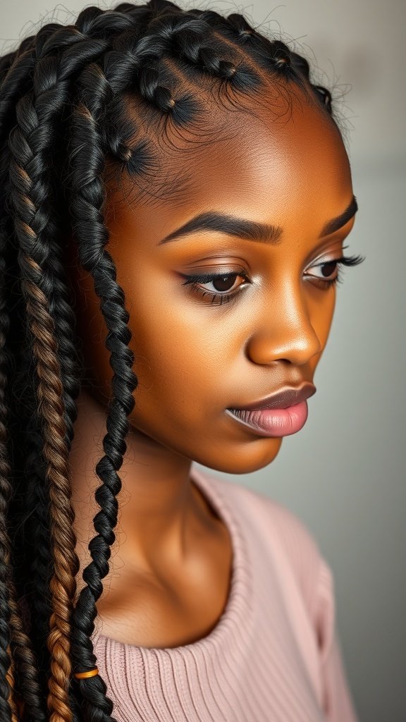 Close-up of a person with large knotless braids, showcasing the smooth texture and style.