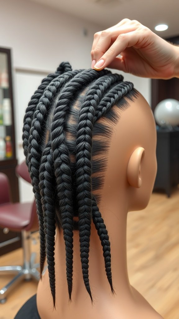 A mannequin head displaying knotless braids with curly ends, showcasing neat sections and a stylish look.