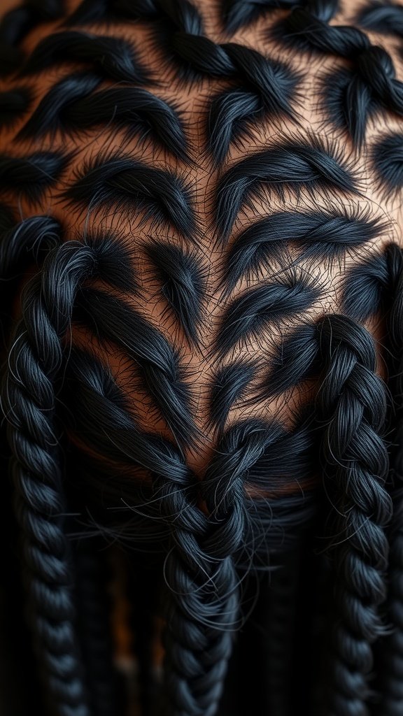 Close-up of a head with intricate knotless twist braids, showcasing a unique pattern and texture.