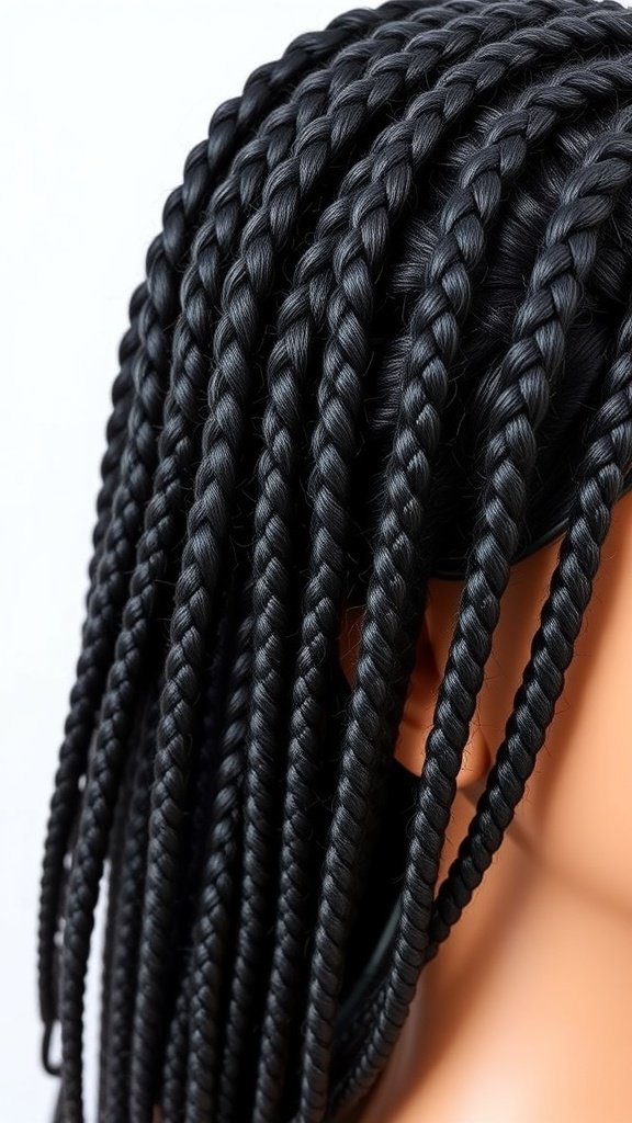 Close-up of medium knotless box braids on a mannequin head