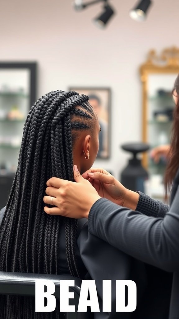 A stylist working on medium knotless box braids in a salon.