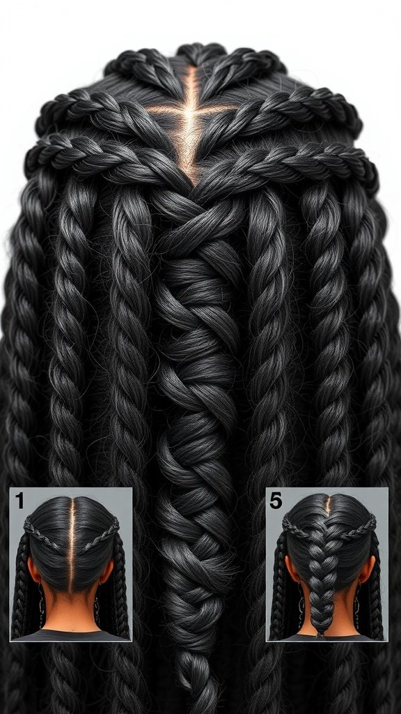 An image showing a detailed view of medium boho knotless braids, highlighting the braiding process with sections and styles.