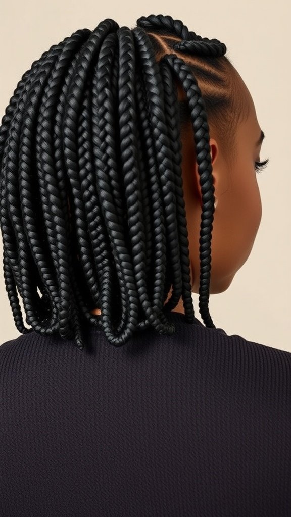 A close-up view of a woman with short knotless box braids, showcasing the intricate braiding pattern.