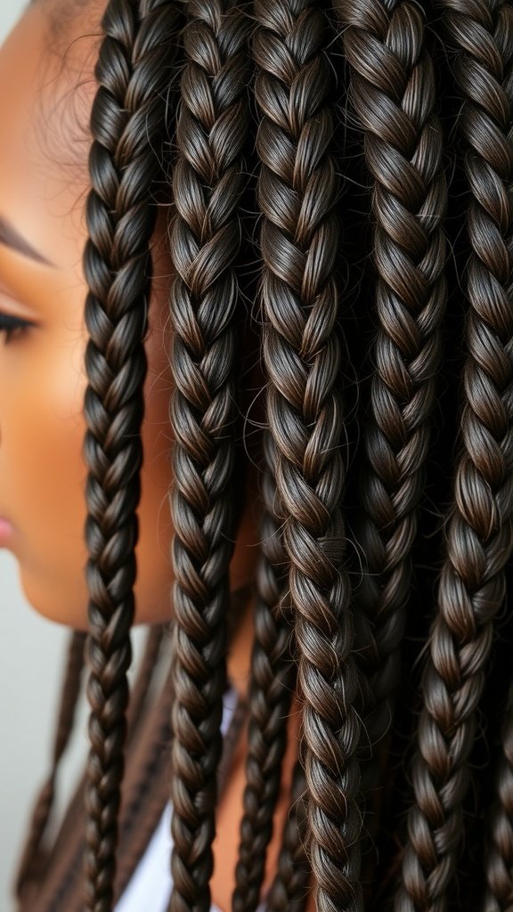 Close-up of XS knotless braids showcasing their neatness and shine.