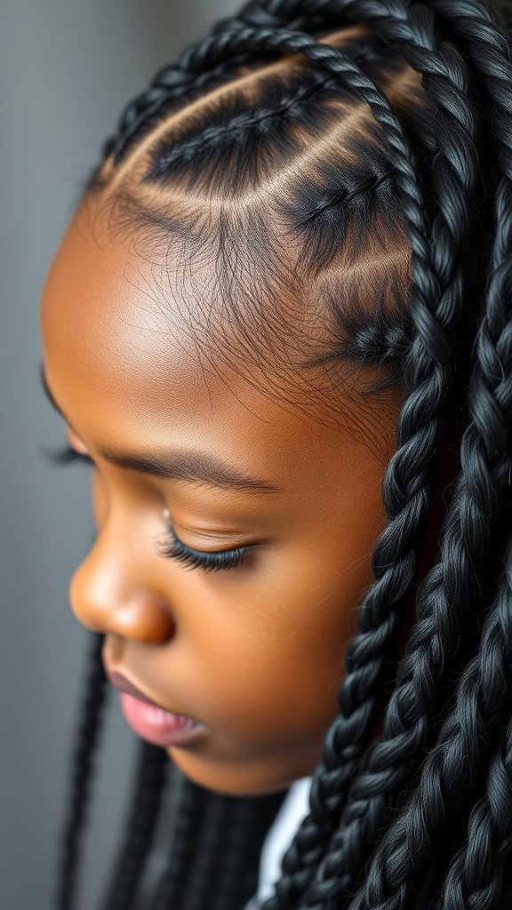 Close-up of a young girl with XS knotless braids, showcasing neat and intricate hair design.