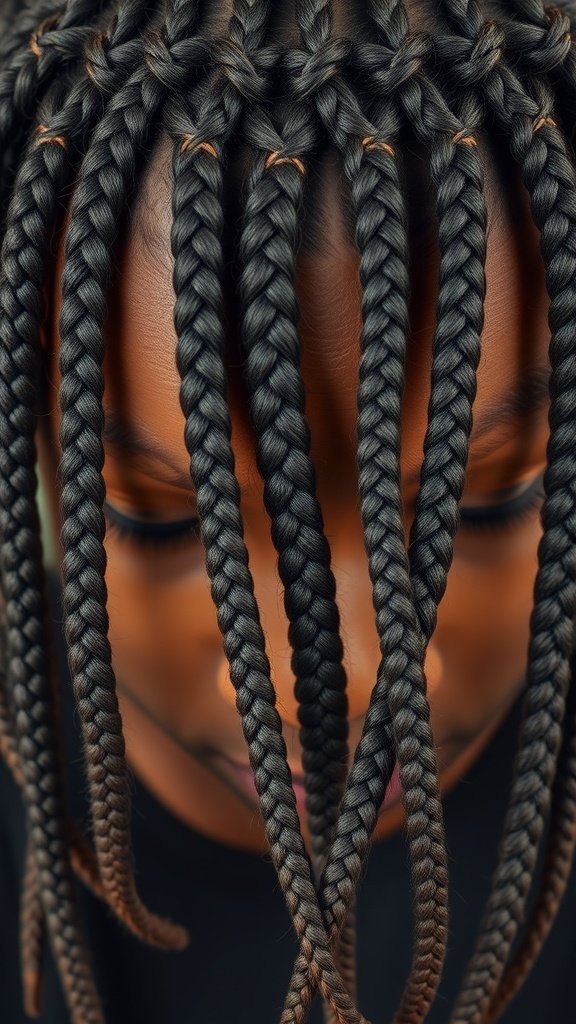 Close-up of short knotless braids styled in a unique pattern, showcasing a bohemian look.