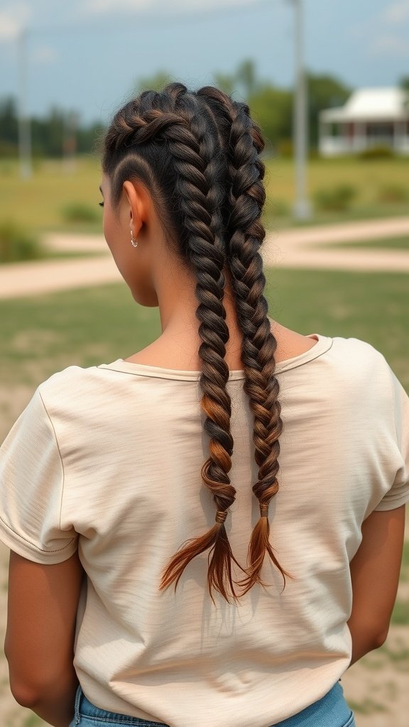 A person with large boho knotless braids styled in two long braids, showcasing a casual and trendy hairstyle.