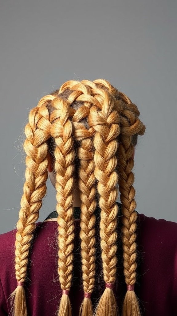 A back view of a person with honey blonde knotless braids styled in a unique pattern.