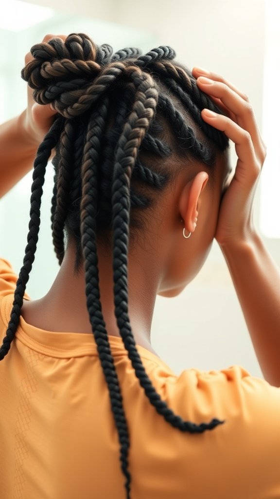 A close-up view of a person with medium knotless box braids styled in an updo, showcasing the intricate braiding pattern.