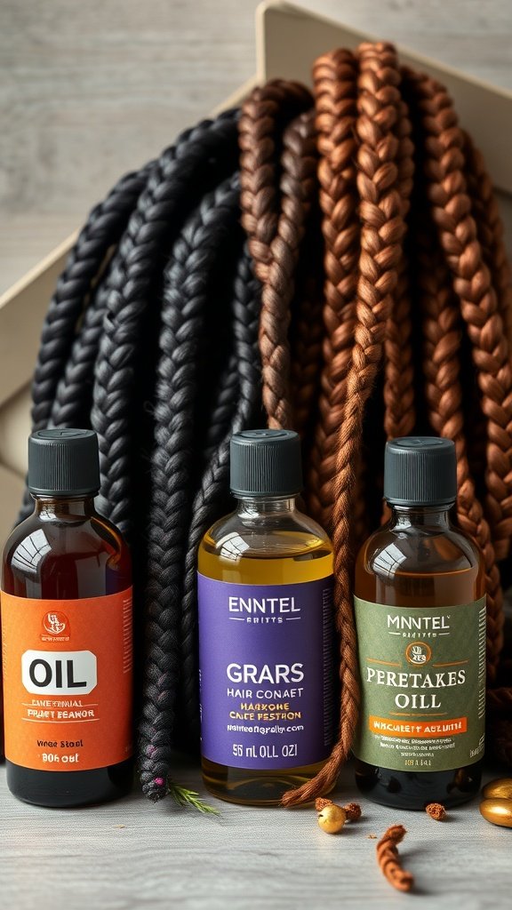 Various hair oils displayed alongside large knotless box braids in different colors.