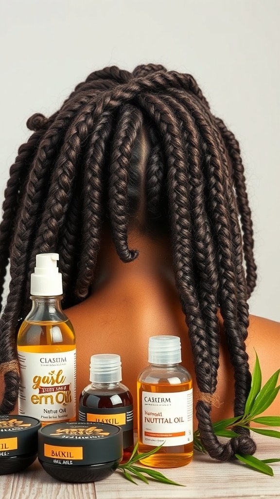 Natural oils displayed alongside jumbo boho knotless braids