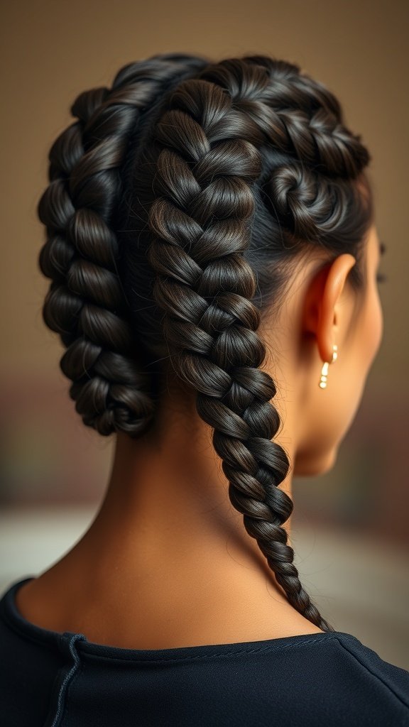 A close-up of two stylish knotless braids on a person, showcasing a sleek hairstyle.