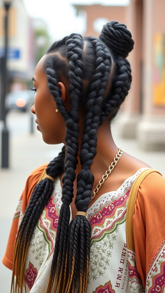 A woman with small boho knotless braids styled in a chic way, showcasing versatility in everyday looks.