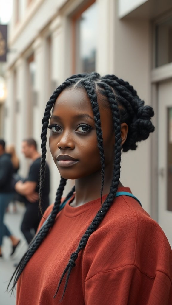 A woman with short knotless braids with curly ends, showcasing a stylish and versatile hairstyle.