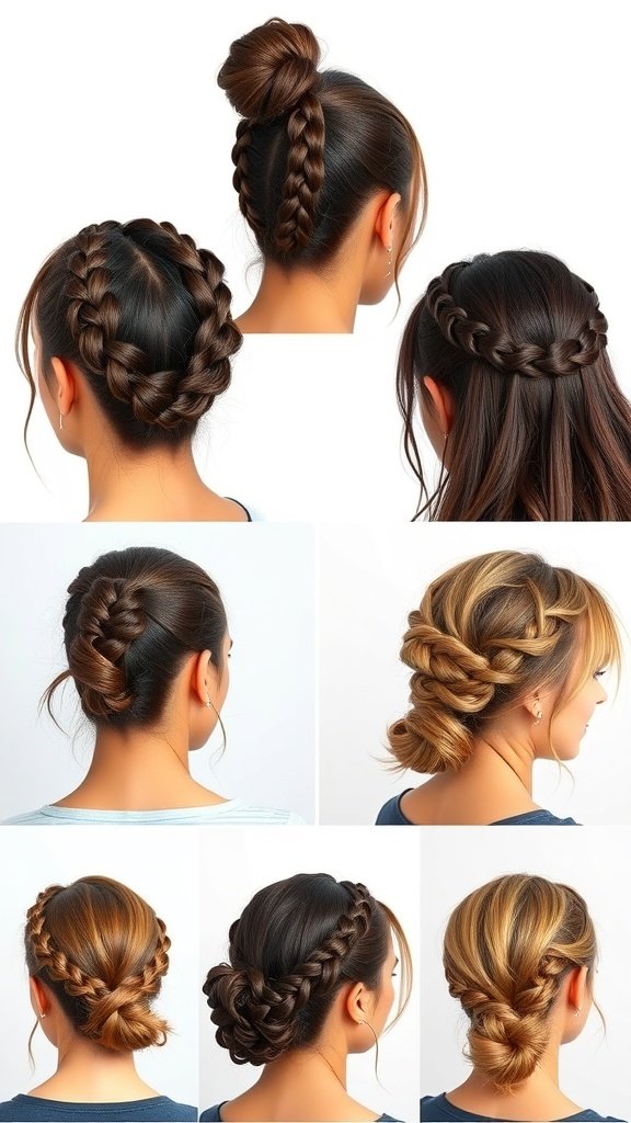 Various styles of short knotless braids including updos and twists