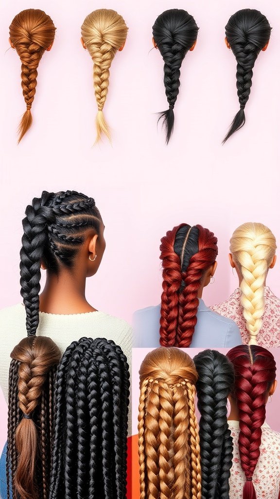 A variety of knotless braid styles including long curly box braids, cute small knotless braids, and decorated braids in different colors.