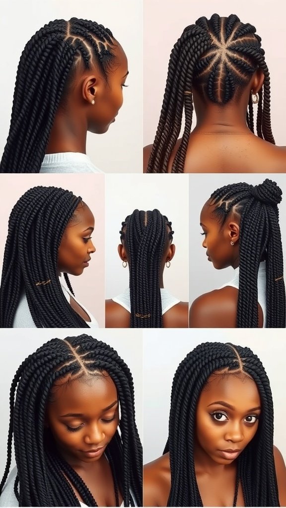 A collage of various knotless box braid styles showcasing different angles and hairstyles.