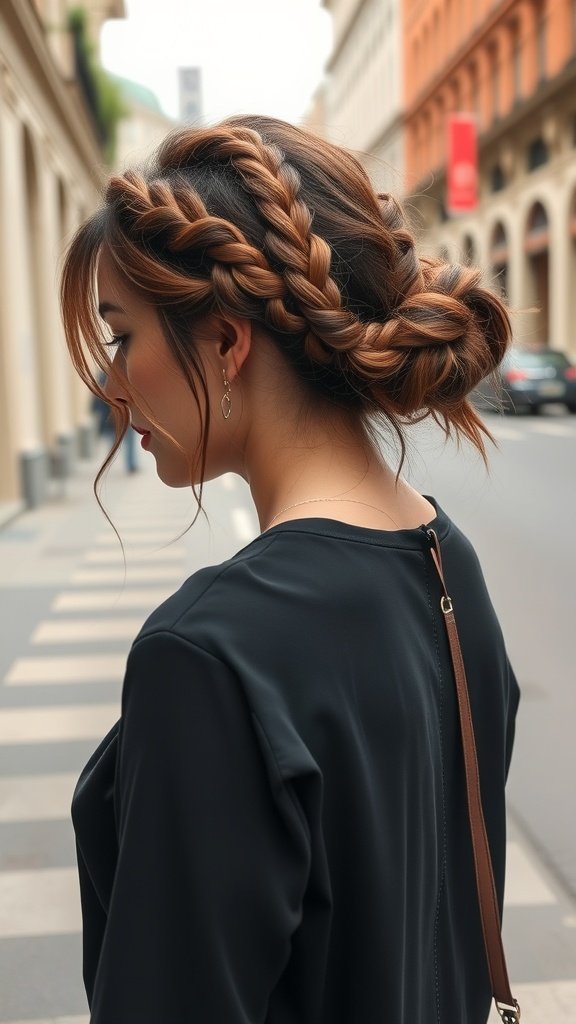 A woman with stylish short boho knotless braids, showcasing a casual yet chic hairstyle.