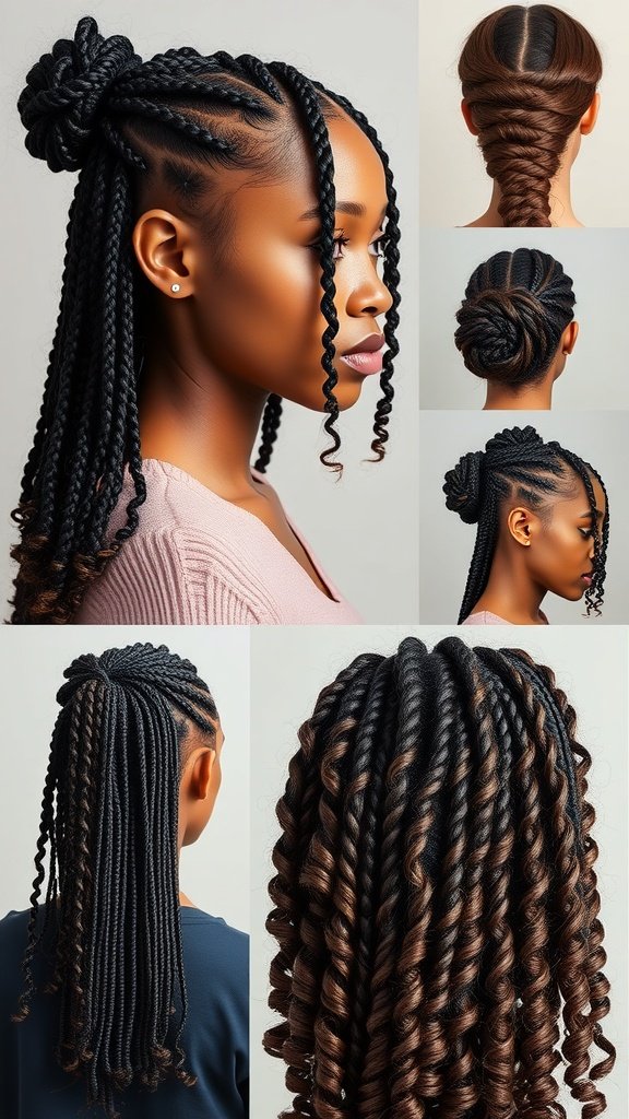 A collage of various hairstyles featuring short knotless braids with curly ends, showcasing different styling options.