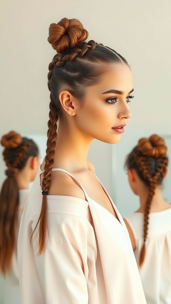 A woman with brown knotless braids styled in a top knot and two braids, showcasing versatile styling options.
