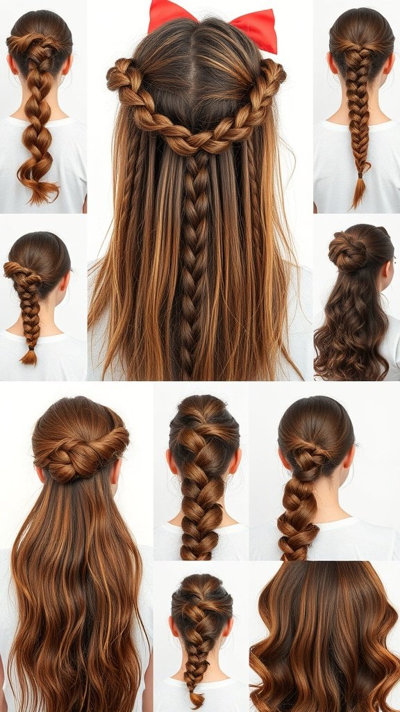 Various styles of brown knotless braids including updos and loose hairstyles.