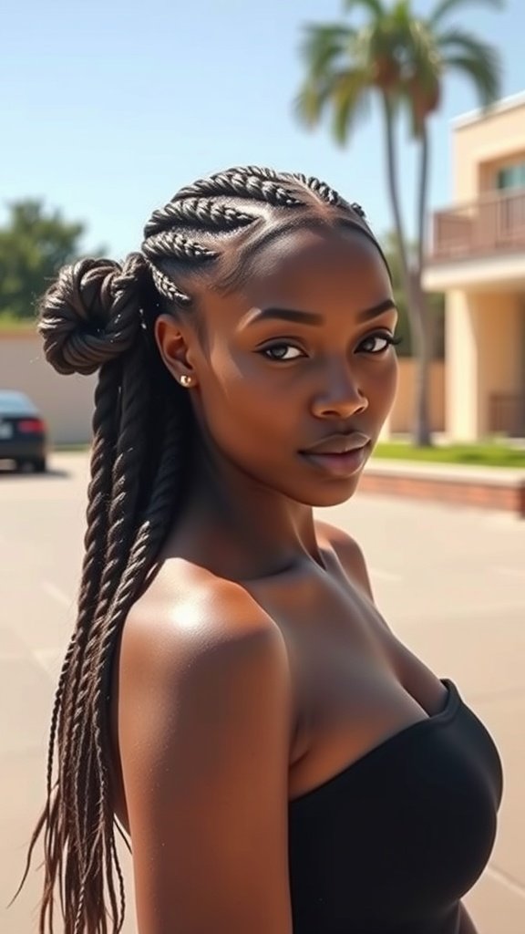 A woman with medium boho knotless braids styled elegantly, showcasing versatility in hair design.