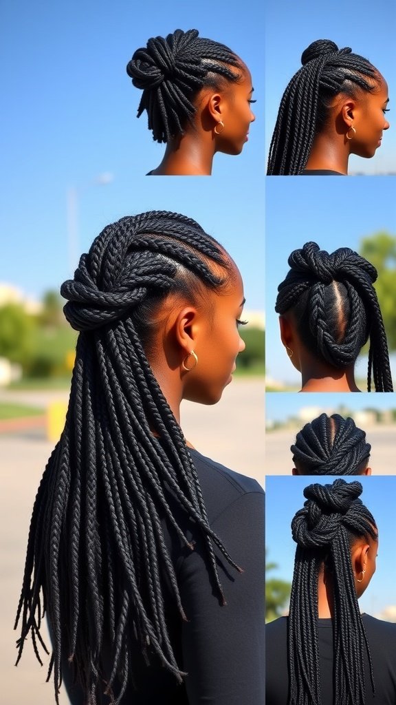 A variety of medium knotless box braid hairstyles showcasing different styles and lengths.