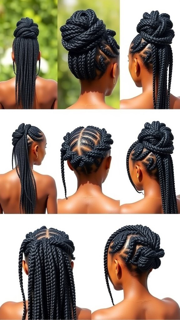 Various styles of medium knotless box braids, including a bun, ponytail, and half-up style.