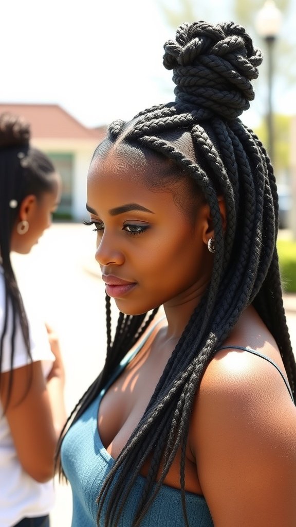 A woman with medium knotless box braids styled in a top knot, showcasing versatility and elegance.