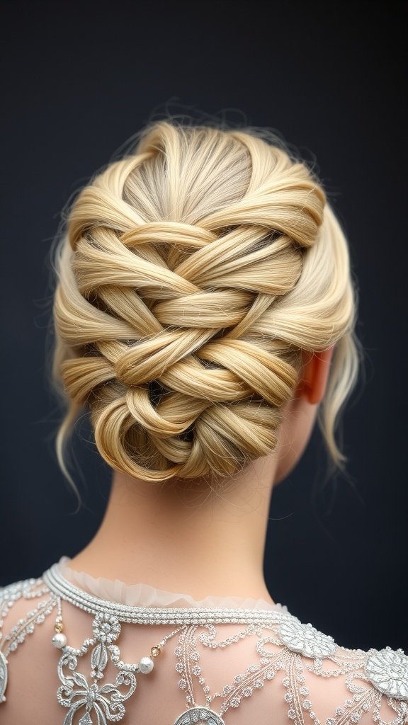A beautiful updo featuring blonde boho knotless braids, showcasing intricate styling.