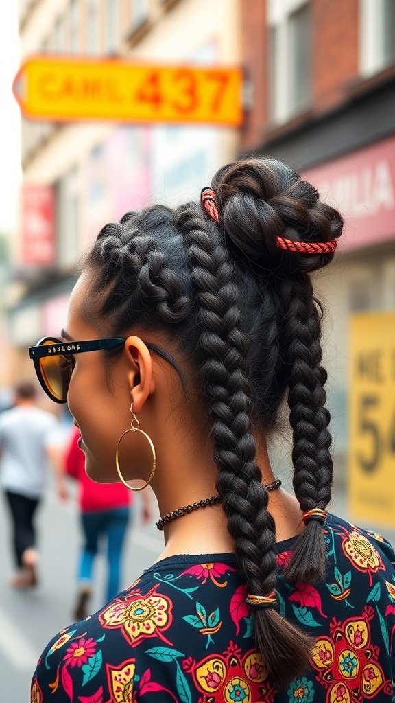A woman with Jumbo Boho Knotless Braids styled in an updo, showcasing a colorful floral outfit and sunglasses.