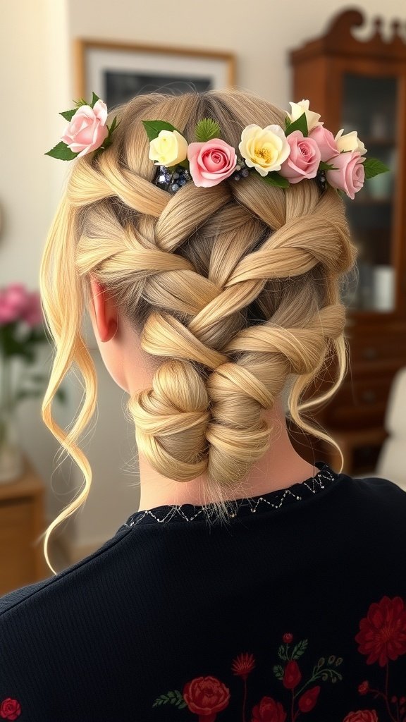 A woman with blonde boho knotless braids styled in an elegant updo, adorned with floral accessories.