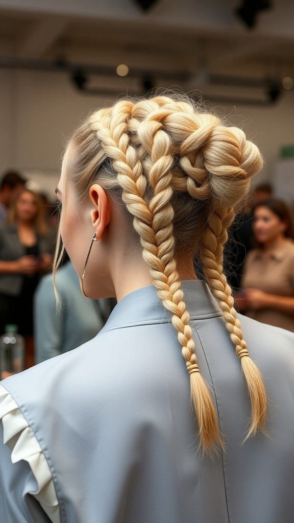 A stylish updo featuring blonde knotless braids, showcasing a chic and modern hairstyle.