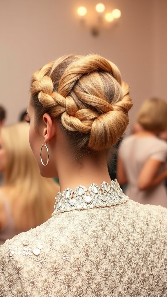 A stylish updo featuring honey blonde knotless braids, showcasing intricate braiding techniques.